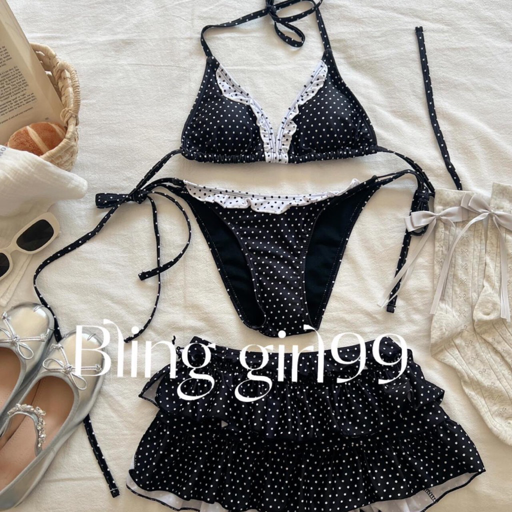 Set 2 Mảnh Chấm Bi 3 Chi Tiết Kèm Váy 2 Tầng Buộc Dây Và Có Đệm Mút❤️(order 7-15n)
