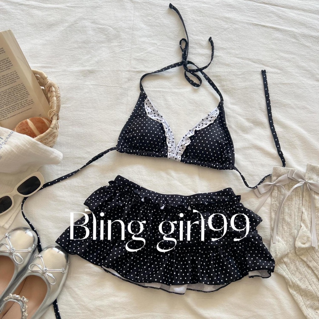 Set 2 Mảnh Chấm Bi 3 Chi Tiết Kèm Váy 2 Tầng Buộc Dây Và Có Đệm Mút❤️(order 7-15n)