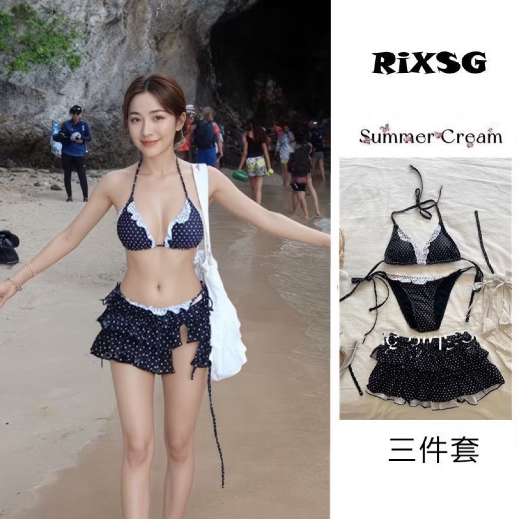 Set 2 Mảnh Chấm Bi 3 Chi Tiết Kèm Váy 2 Tầng Buộc Dây Và Có Đệm Mút❤️(order 7-15n)