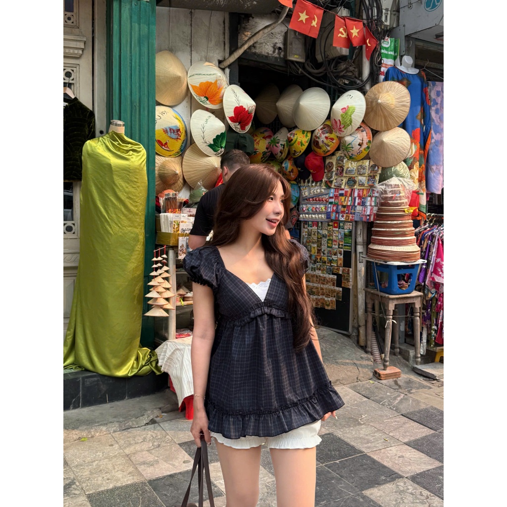 Ami babydoll (TSW) Áo babydoll kẻ caro cổ V Nữ the.sweaterweather TSW