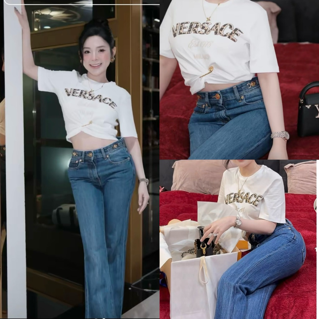 set áo croptop và quần jean Versace trắng xanh