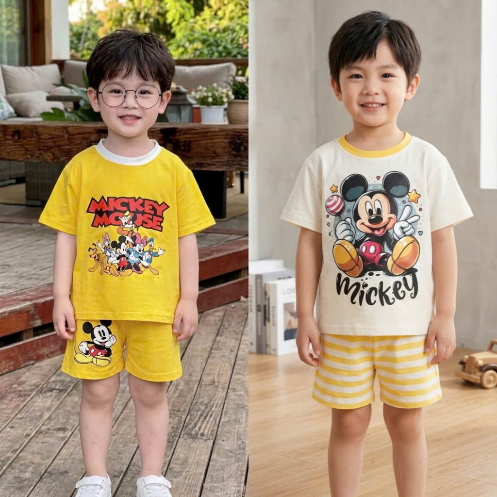 Bộ Cộc Tay Cho Bé Trai Họ Tiết Mickey Từ 10-35kg Thoáng Mát