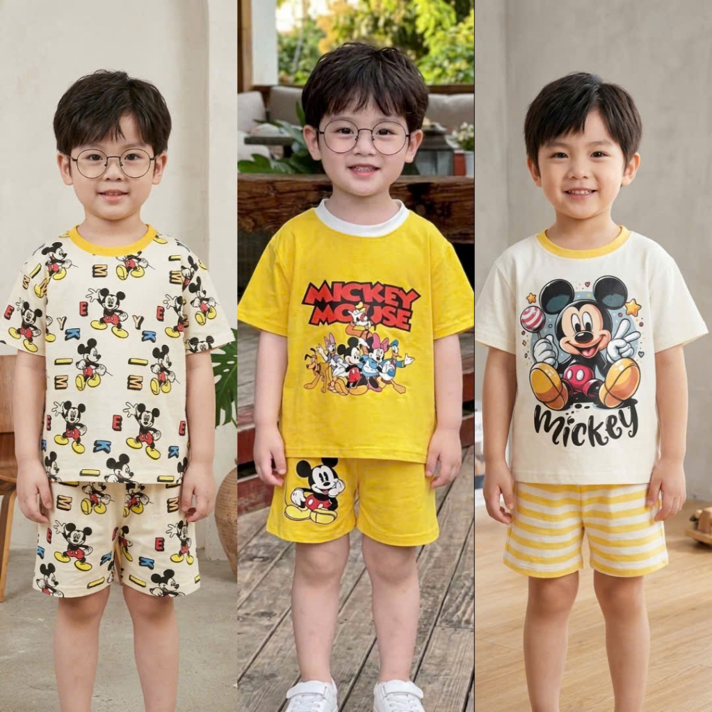 Bộ Cộc Tay Cho Bé Trai Họ Tiết Mickey Từ 10-35kg Thoáng Mát