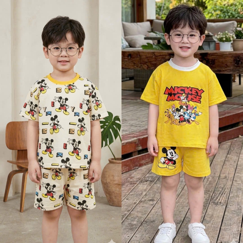 Bộ Cộc Tay Cho Bé Trai Họ Tiết Mickey Từ 10-35kg Thoáng Mát