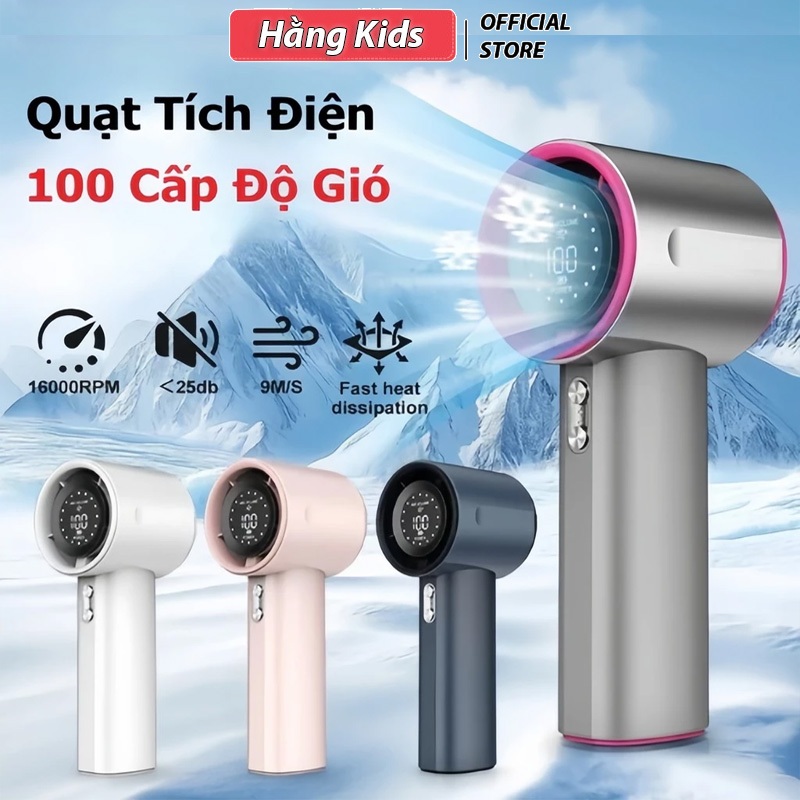 Quạt cầm tay mini tích điện gió mạnh 16000 vòng/phút có dây đeo 4000mAh, màn hình LED hiển thị, type-C