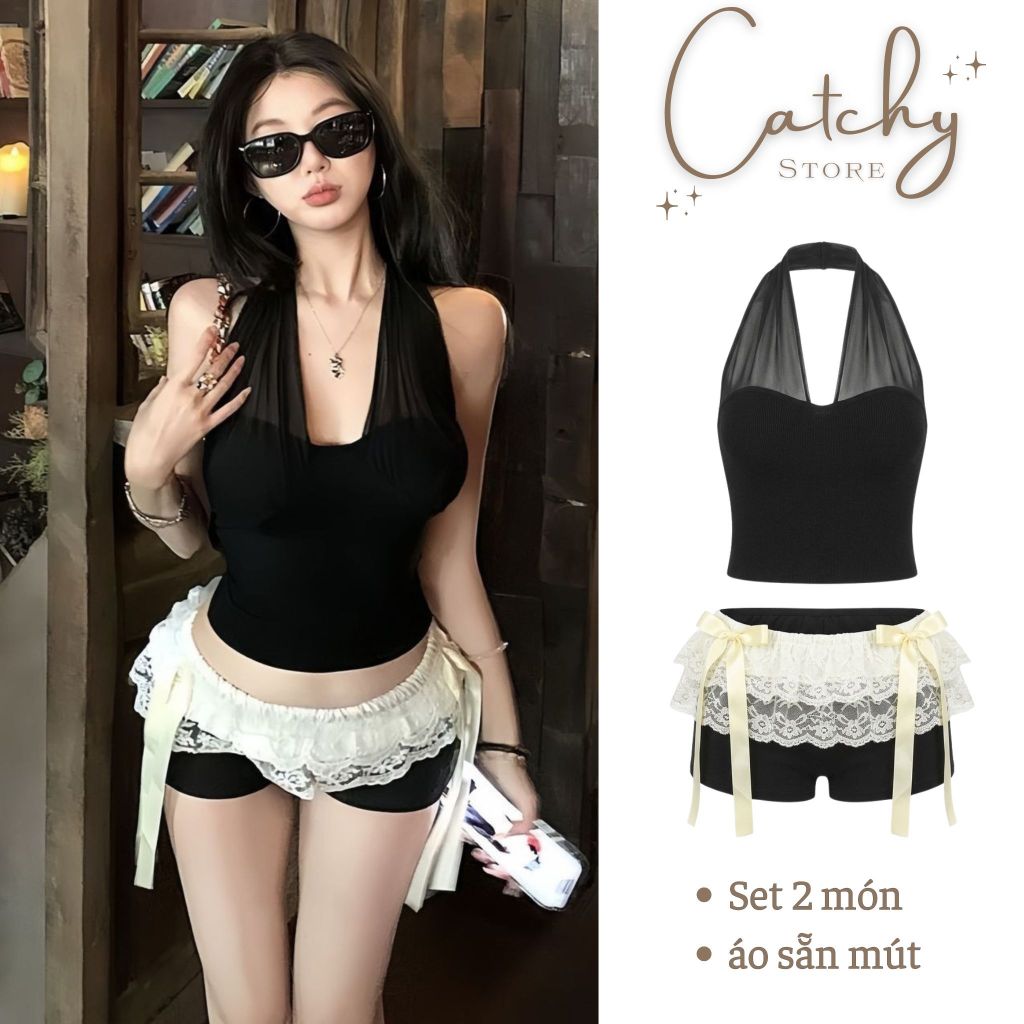 Set Đồ Nữ Áo Yếm Hở Lưng Phối Lưới Sẵn Mút Quần Short Ren Nơ Phong Cách Tiểu Thư Jenni Sang Chảnh CATCHYstore