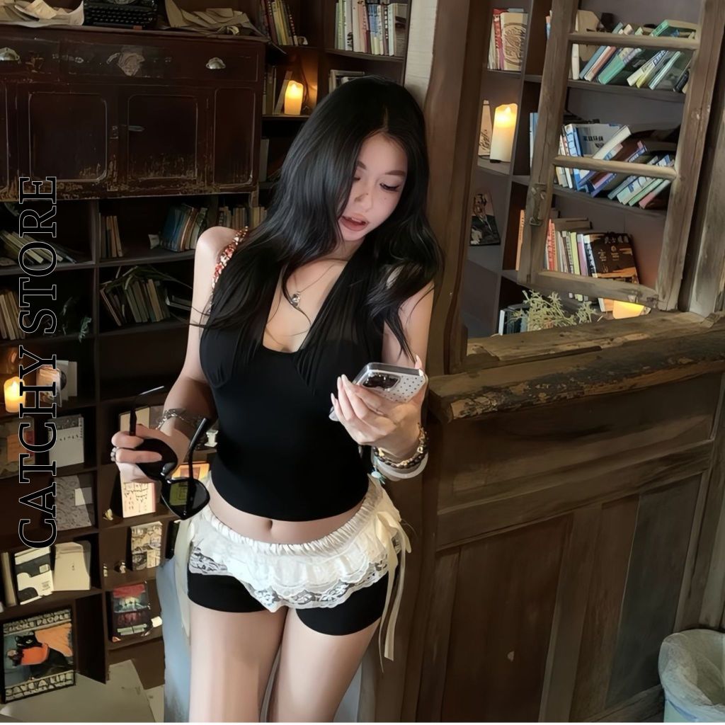 Set Đồ Nữ Áo Yếm Hở Lưng Phối Lưới Sẵn Mút Quần Short Ren Nơ Phong Cách Tiểu Thư Jenni Sang Chảnh CATCHYstore