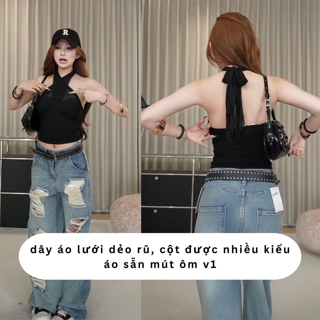 Set Đồ Nữ Áo Yếm Hở Lưng Phối Lưới Sẵn Mút Quần Short Ren Nơ Phong Cách Tiểu Thư Jenni Sang Chảnh CATCHYstore