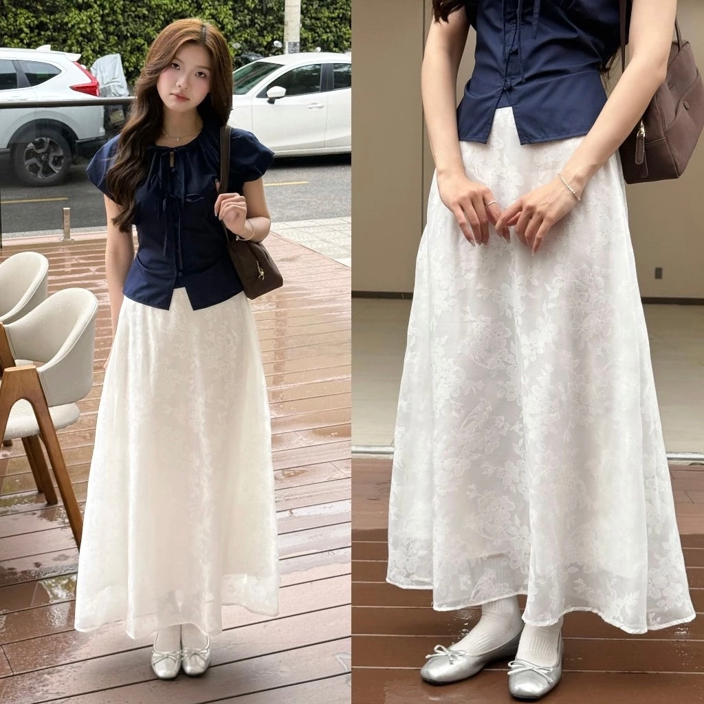 Chân váy midi dáng dài TAMMY chất ren cạp chun sau có lớp lót trong {CHẤT MỎNG HÈ } SUNCV001