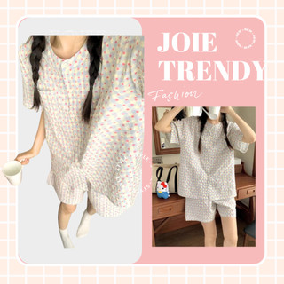 Set mặc nhà nữ mùa hè JOIE TRENDY form rộng, Bộ ngủ cộc tay quần đùi cổ tròn họa tiết caro pastel siêu mát