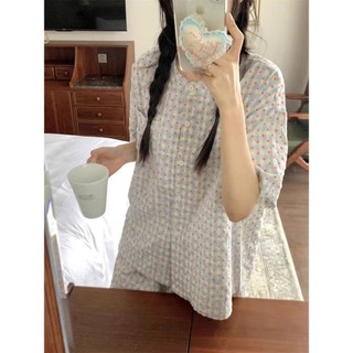 Set mặc nhà nữ mùa hè JOIE TRENDY form rộng, Bộ ngủ cộc tay quần đùi cổ tròn họa tiết caro pastel siêu mát