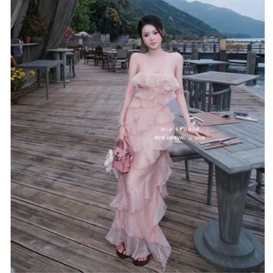 Đầm maxi 2S voan tơ phối bèo tầng bồng bềnh,màu hồng paster nhẹ nhàng tiểu thư mặc đi biển đi du lịch đi tiệc sang chảnh
