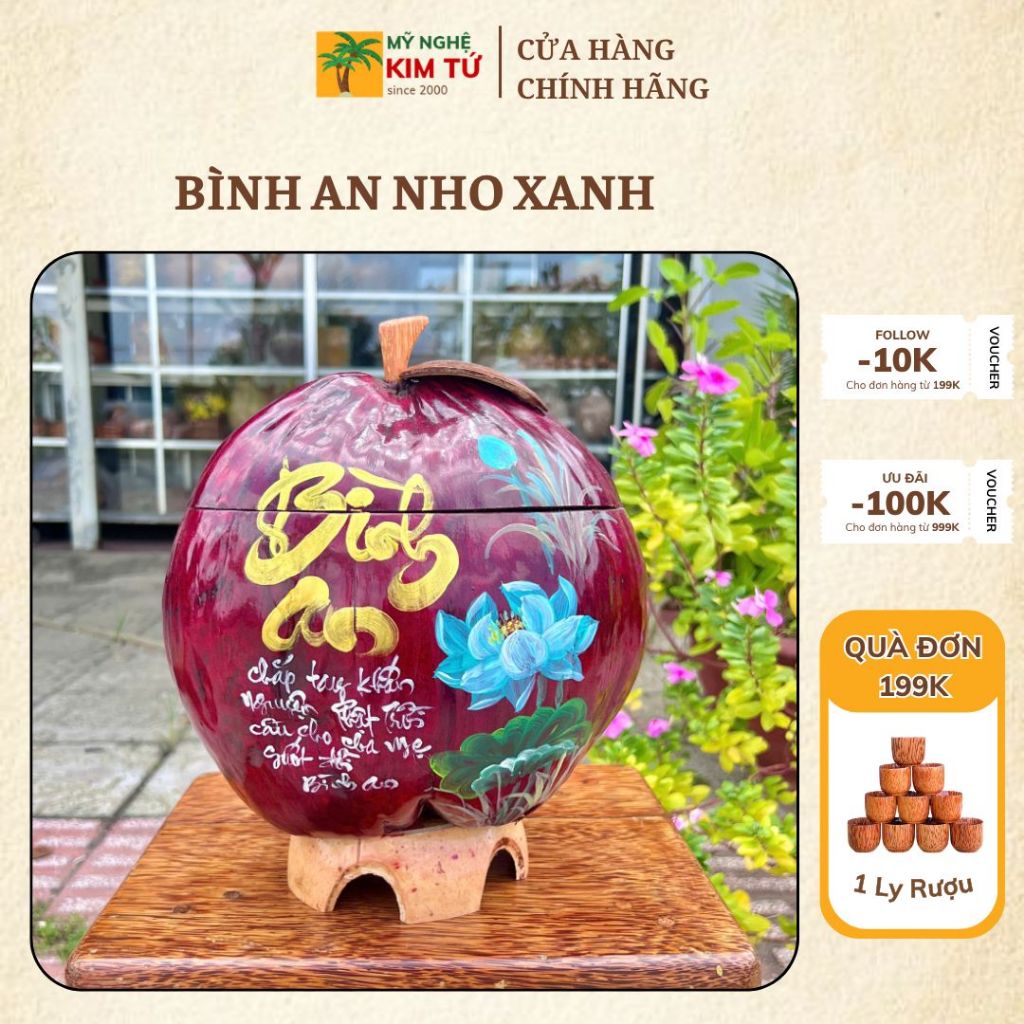 [ SIZE 800ML - 1000ML ] Bình Ủ Trái Dừa Vẽ Thư Pháp Mẫu BÌNH AN NHO XANH Giữ Nhiệt Ấm Trà Cao Cấp Trang Trí Bàn Trà Sang