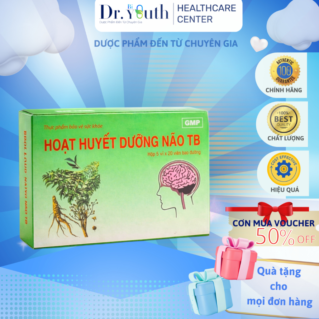 Viên Hoạt Huyết Dưỡng Não Thái Bình Hỗ Trợ Tăng Cường Tuần Hoàn Não, Giảm đau đầu, chóng mặt, mất ngủ Hộp 50v