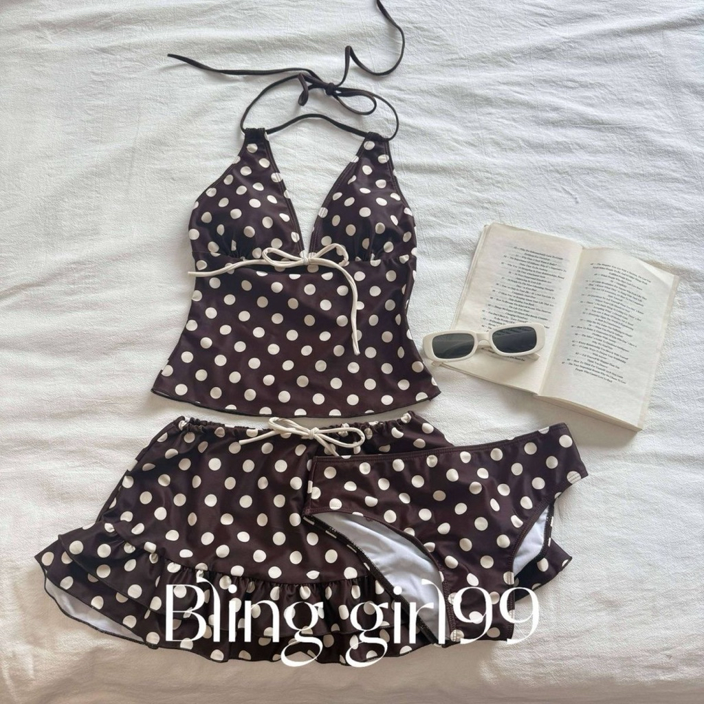 (Order 7-15n) Bộ Đồ Bơi Hai Mảnh, Kiểu Dáng Gợi Cảm Với Cổ Yếm Và Cổ Chữ V, Kết Hợp Với Chân Váy Chấm Bi❤️