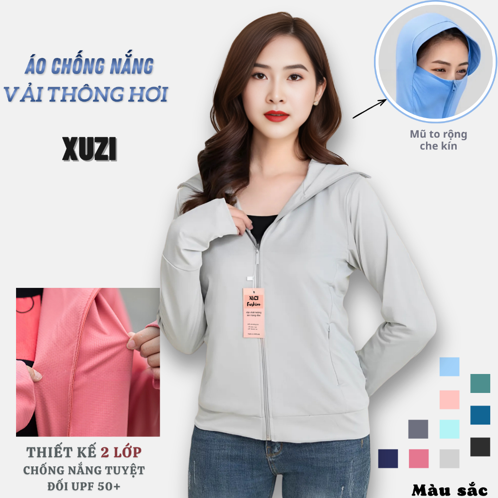 Áo chống nắng nữ 2 lớp XUZI, khoác chống nắng thân ngắn vải thông hơi đai gấu to dày dặn ngăn tia UV bảo vệ làn da.