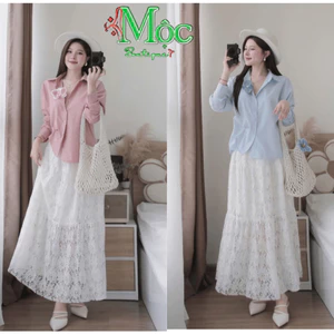QC_Set váy dài, đồ nữ đi biển, set áo sơ mi trơn cổ bẻ tay dài Lụa chéo phối chân váy Ren dài có lót