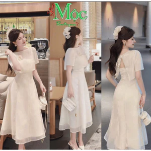 QC_Đầm váy dài, set đầm tiểu thư đi tiệc có mút ngực kèm áo choàng đính hoa Tơ Nến dáng midi