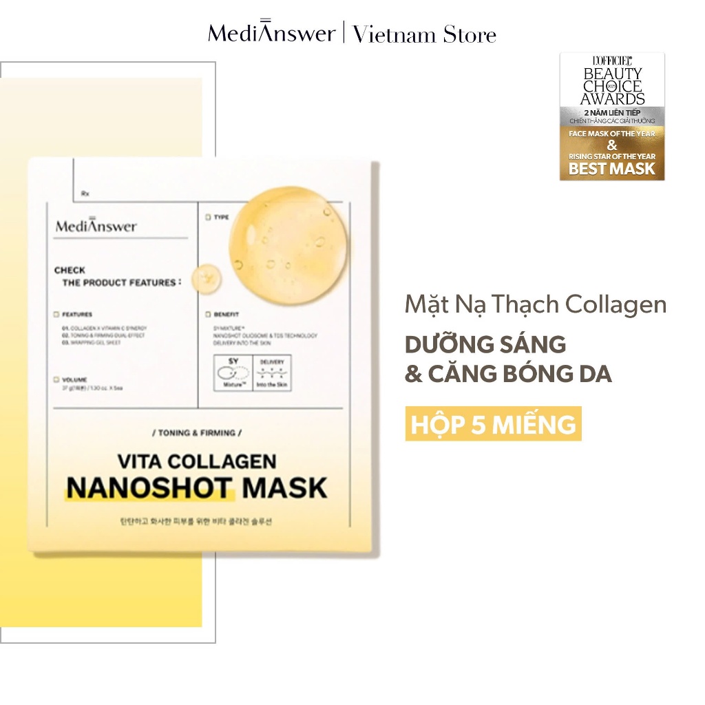 Mặt Nạ Thạch Collagen Nano Sáng Da Căng Bóng MediAnswer Vita Collagen Nanoshot Mask 37g | Hộp 5 Miếng