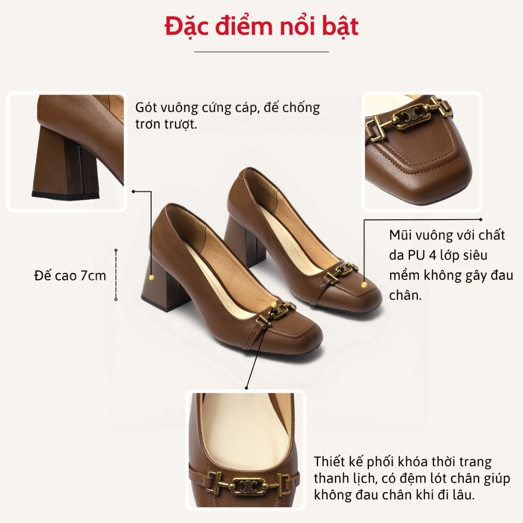 Giày Cao Gót Nữ 7cm Mũi Vuông Phối Khoá Nhỏ Êm Chân Pixie H447