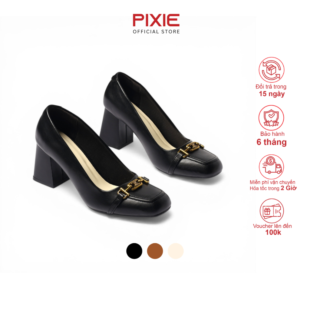 Giày Cao Gót Nữ 7cm Mũi Vuông Phối Khoá Nhỏ Êm Chân Pixie H447
