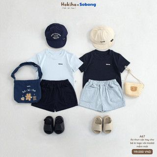 Áo cộc tay dập nổi logo cho bé trai, bé gái Hokiha vải modal mềm mại, thoáng mát size 8-17kg A67