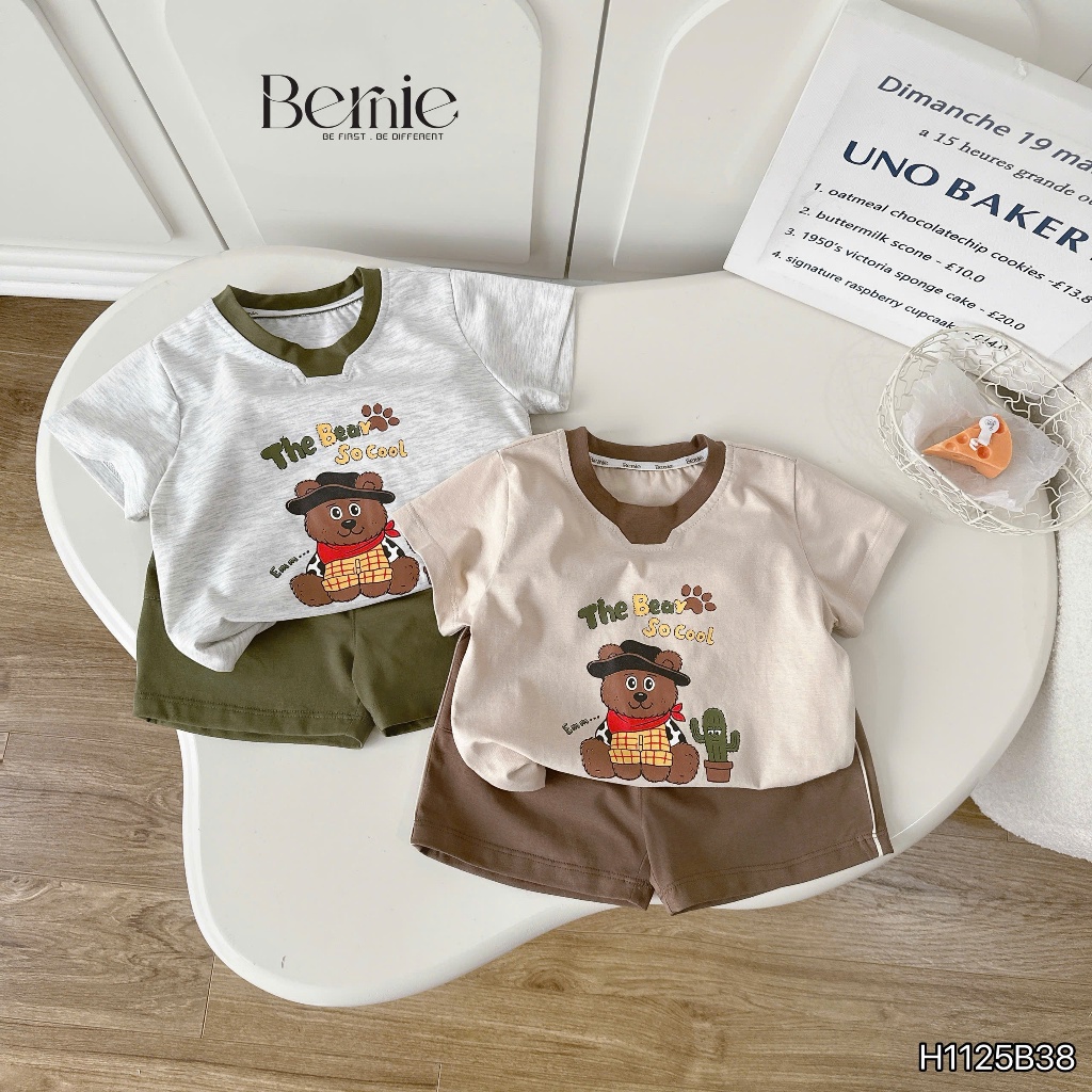Bộ cotton gấu cao bồi cá tính, set áo thun quần cotton mềm mát cho bé