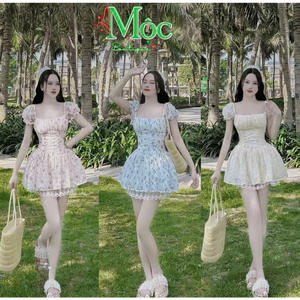 MK_Đầm váy ngắn, đầm thiết kế mặc hè, đầm đi biển Voan lụa phối ren in hoa nổi rút dây dáng ngắn