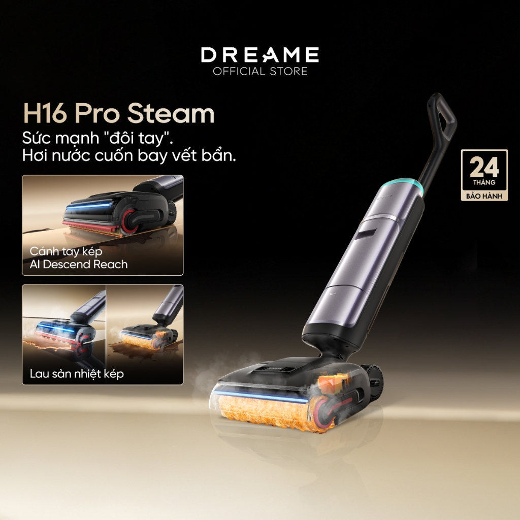 Dreame H16 Pro Steam Máy hút bụi lau sàn không dây | Lực hút 28.000 Pa | Lau sàn hơi nước 200℃ | BH 24 tháng