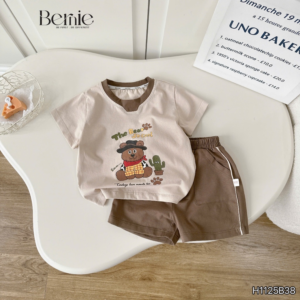 Bộ cotton gấu cao bồi cá tính, set áo thun quần cotton mềm mát cho bé