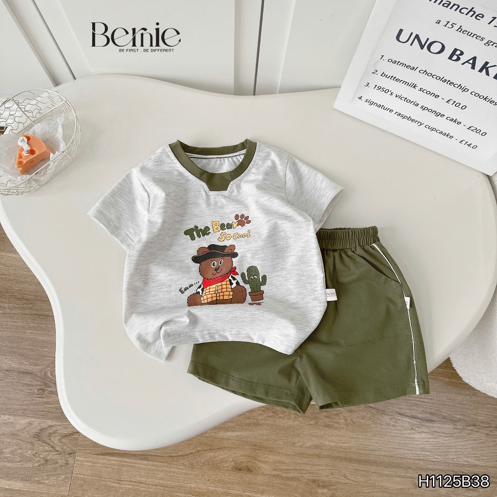 Bộ cotton gấu cao bồi cá tính, set áo thun quần cotton mềm mát cho bé