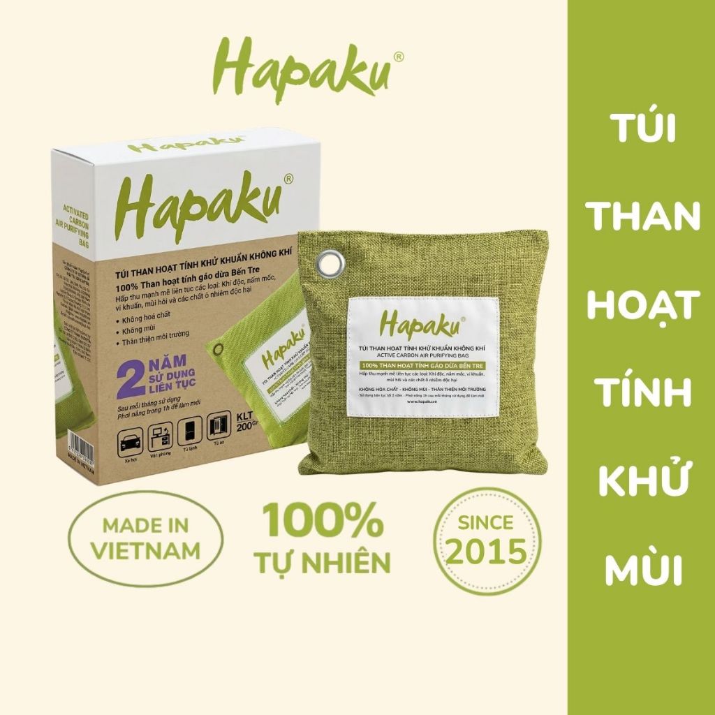 Túi Than Hoạt Tính Hapaku Khử Mùi Ô Tô, Hút Mùi Nhà Vệ Sinh, Khử Khuẩn Tủ Lạnh Từ Than Gáo Dừa Bến Tre 200Gr