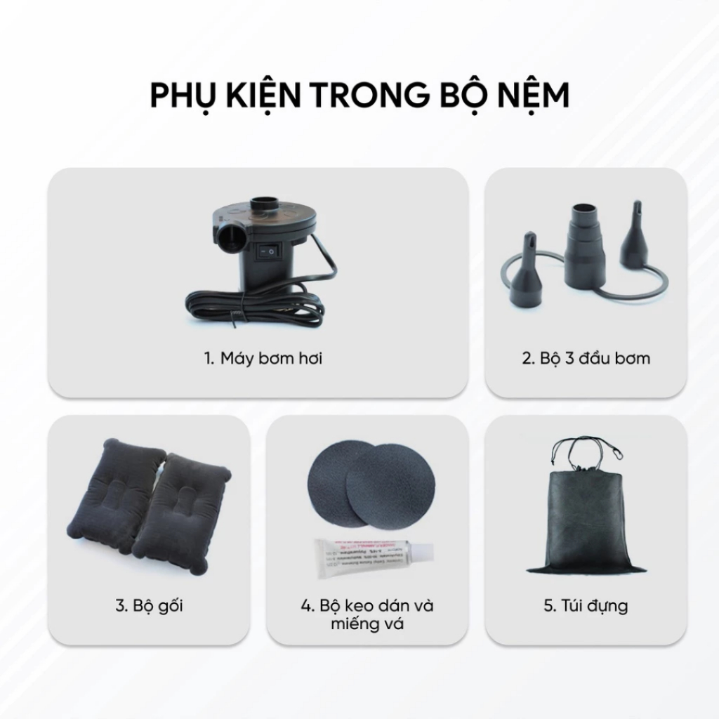 Giường Hơi Ô Tô Ghế Sau Full Bộ Kèm Bơm Điện, 2 Gối, Miếng Vá - Đệm Hơi Xe Hơi Du Lịch Camping Cho Xe 4-7 Chỗ