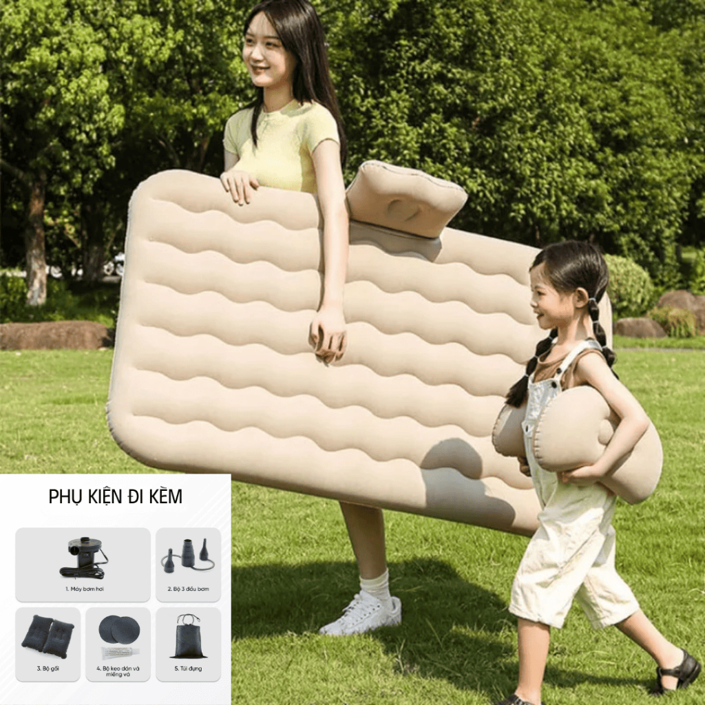 Giường Hơi Ô Tô Ghế Sau Full Bộ Kèm Bơm Điện, 2 Gối, Miếng Vá - Đệm Hơi Xe Hơi Du Lịch Camping Cho Xe 4-7 Chỗ