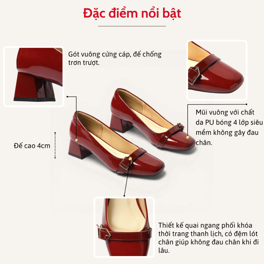 Giày Cao Gót Nữ 4cm Mũi Vuông Phối Khoá Da Bóng Thanh Lịch Pixie H448
