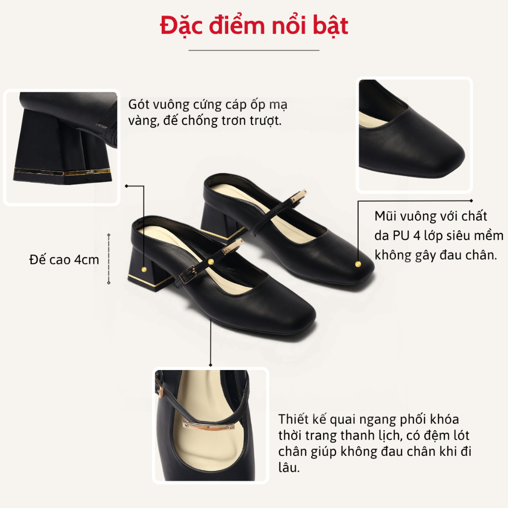 Giày Sục Nữ Mũi Vuông 4cm Quai Ngang Đính Khoá Pixie H449