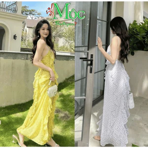 Đầm váy dài, đầm đi biển nàng thơ Voan bèo maxi dáng dài cổ yếm chiết eo nhẹ nhàng