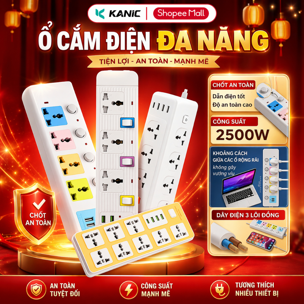 Ổ Cắm Điện Đa Năng KANIC Chịu Tải 2500W Dây Dài 1.8-4m Cổng USB Có Chốt Bấm Chống Giật An Toàn