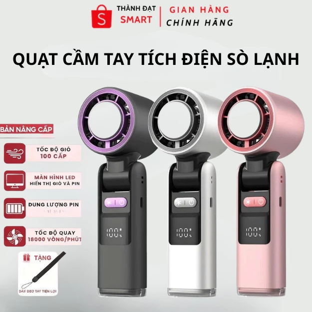 Quạt Tích Điện Mini Cầm Tay Tốc Độ Cao, Quạt Sò Lạnh 199 Cấp Độ Gió Làm Lạnh Cực Nhanh,Tặng Kèm Dây Đeo