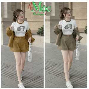 Set bộ đùi, set đi biển mặc hè 4 món áo thun in mix quần short có dây thắt lưng kèm áo khoác Cotton