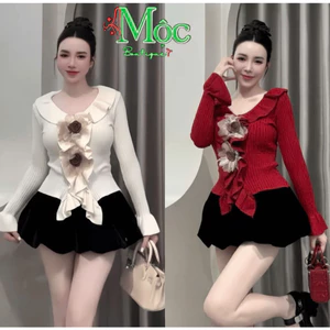 Set váy ngắn, set đi tiệc thiết kế áo tăm tay dài loe xoắn bèo đính 2 bông kèm chân váy bí Nhung