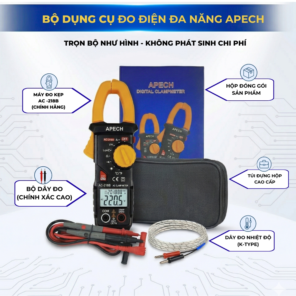 Ampe Kìm Vạn Năng APECH AC-218B Đo Dòng AC/DC Sai Số Cực Thấp Đa Chức Năng