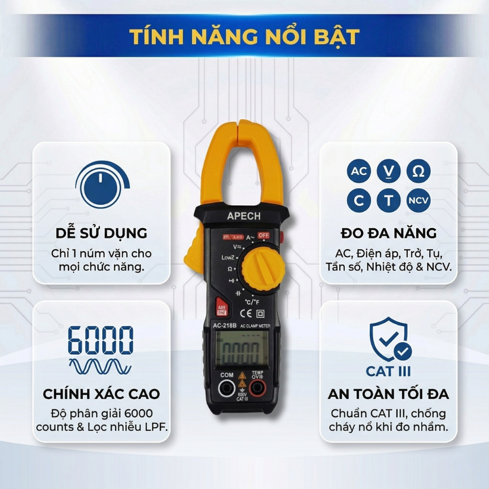 Ampe Kìm Vạn Năng APECH AC-218B Đo Dòng AC/DC Sai Số Cực Thấp Đa Chức Năng