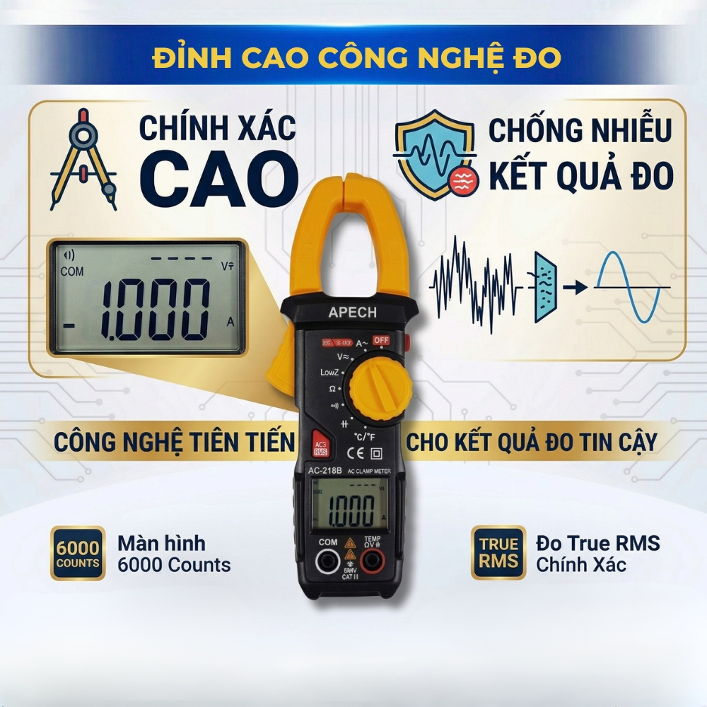 Ampe Kìm Vạn Năng APECH AC-218B Đo Dòng AC/DC Sai Số Cực Thấp Đa Chức Năng