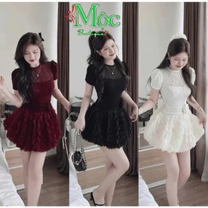 MK_Đầm váy ngắn, đầm đi tiệc, đầm Ren tay có mút, quần đính hoa eo tùng Voan tơ xoắn