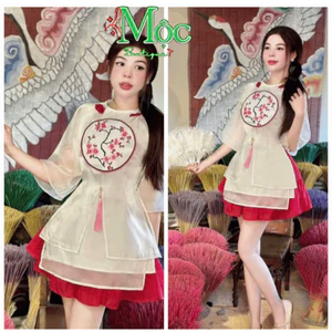 MK_ Đầm váy ngắn, set nữ Tết - áo Tơ thêu hoa đính nút cổ tròn kèm ngọc tua rua mix váy ngắn Tơ