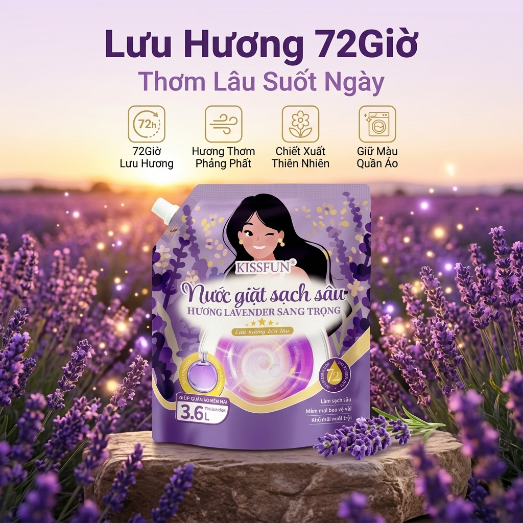 Nước giặt KISSFUN hương Lavender | Túi 3.6L | Sạch sâu - Khử mùi mạnh - Lưu hương 72h