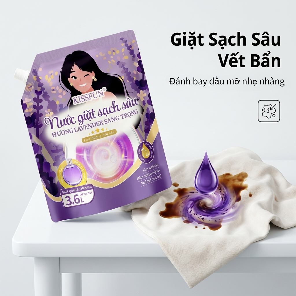 Nước giặt KISSFUN hương Lavender | Túi 3.6L | Sạch sâu - Khử mùi mạnh - Lưu hương 72h