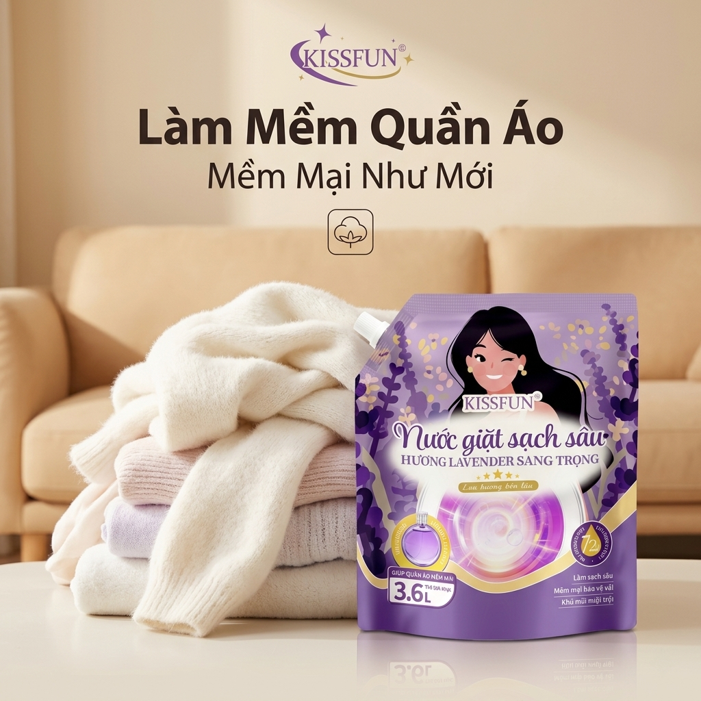 Nước giặt KISSFUN hương Lavender | Túi 3.6L | Sạch sâu - Khử mùi mạnh - Lưu hương 72h