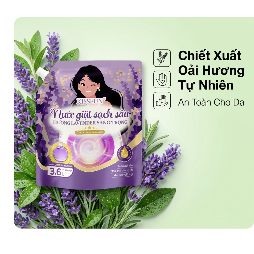 Nước giặt KISSFUN hương Lavender | Túi 3.6L | Sạch sâu - Khử mùi mạnh - Lưu hương 72h